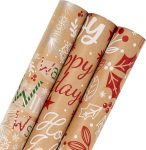 Holijolly kalėdinis kraft popierius - mini rulonas - snaigė/uogų lapai/"happy holidays" užra&scaron;ai dovanų pakavimui, rankdarbiams - 43.2 cm x 305 cm - 3 rulonai (3.95 kv.m. i&scaron; viso)