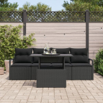 5 dalių Sodo Sofa Rinkinys su Pagalvėlėmis Juodas Poli Ratanas,2-vietė Sodo Sofa su Pagalvėlėmis Juodas Poli Ratanas