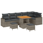 9 dalių sodo sofos komplektas su pagalvėmis, pilka poli rataninė sofa,3 dalių sodo valgomojo komplektas su pagalvėmis, pilka poli rataninė sofa