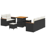 8 dalių sodo sofa su pagalvėmis Juoda Poli Rattan Akacija,3 dalių sodo valgomojo rinkinys su pagalvėmis Juoda Poli Rattan Akacija