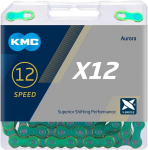 Kmc dviračio grandinė, x12 aurora green, 1/2 colio x 11/128 colio, 126 grandys, 12 pavarų, padengta iridžiu, metalo žalia