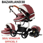 BAZARLAND30. 3-in-1 kūdikio vežimėlis, kombinuotas automobilio sėdynė, lop&scaron;ys, trijų dalių, apverčiamas, dirbtinė oda, nepradūrimieji ratai, pjaustinys. RAUDONA