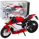 Metalinis sportinio motociklo modelis su &scaron;viesos ir garso efektais, 1:12, raudonas/baltas