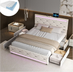 Dvigulė lova, 160 &times; 200 cm, su čiužiniu, LED ap&scaron;vietimu, 4 stalčiais, balk&scaron;va, aksominė