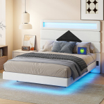 Lova 140 x 190 cm, su LED ap&scaron;vietimu, USB jungtimi, smėlio spalvos, aksomas
