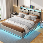 Dvigulė lova 160 x 200 cm, apmu&scaron;ta lova su LED ap&scaron;vietimu, USB jungtimi, pilkas, aksomas, be čiužinio