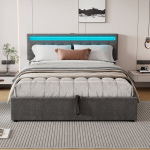 Lova 160&times;200 CM, su LED ap&scaron;vietimu ir USB sąsaja, reguliuojamas galvūgalis, hidrauliniu būdu pakeliamas lovos rėmas, pilka