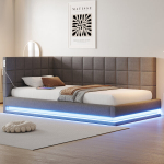 Polsteriuota lova, 90x200 cm, LED, USB, talpinimas po lova, lininis audinys, pilka