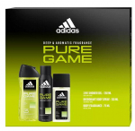 Dovanų rinkinys Adidas Pure Game vyrams: pur&scaron;kiamas dezodorantas, 75 ml + pur&scaron;kiamas dezodorantas, 150 ml + du&scaron;o želė, 250 ml