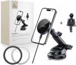 Telefono laikiklis Uchwyt samochodowy na kokpit / szybę / do kratki z ładowarką 15W + 2x blaszki magnetyczne Tech-Protect MM15W-V5 Magnetic MagSafe Dashboard & Vent Car Mount Wireless Charger 15W Black