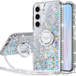 Miss Arts Silverback dėklas, skirtas Samsung Galaxy S24 Plus, blizgantis telefono dėklas mergaitėms su žiedu, Samsung S24 Plus dėklas su dirželiu, silikoninis skystas smėlis skaidrus apsauginis dėklas, skirtas S24 Plus
