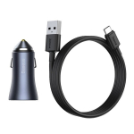 Greitas sautomobilinisįkroviklis 2x USB 40W QC SCP FCP AFC su USB-C kabeliu, pilkas