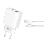 "XO" sieninis įkroviklis CE02C 2x USB 2,1A baltos spalvos + "Lightning" laidas