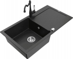 Granitinė virtuvinė plautuvė Mexen Leo su mai&scaron;ytuvu ir sifonu, Metallic black/silver+Black