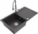 Granitinė virtuvinė plautuvė Mexen Leo su mai&scaron;ytuvu ir sifonu, Black granite+Chrome