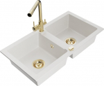 Granitinė virtuvinė plautuvė Mexen Mario su mai&scaron;ytuvu ir sifonu, White+Gold