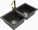 Granitinė virtuvinė plautuvė Mexen Mario su mai&scaron;ytuvu ir sifonu, Black granite+Gold