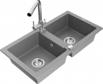 Granitinė virtuvinė plautuvė Mexen Mario su mai&scaron;ytuvu ir sifonu, Grey+Chrome