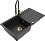 Granitinė virtuvinė plautuvė Mexen Leo su mai&scaron;ytuvu ir sifonu, Metallic black/silver+Black/Gold