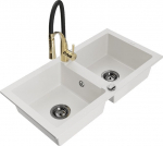 Granitinė virtuvinė plautuvė Mexen Mario su mai&scaron;ytuvu ir sifonu, White+Black/Gold
