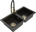 Granitinė virtuvinė plautuvė Mexen Mario su mai&scaron;ytuvu ir sifonu, Metallic black/gold+Black/Gold