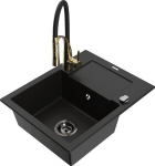 Granitinė virtuvinė plautuvė Mexen Enzo su mai&scaron;ytuvu ir sifonu, Black+Black/Gold
