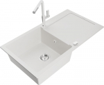 Granitinė virtuvinė plautuvė Mexen Leo su mai&scaron;ytuvu ir sifonu, White+White/Chrome