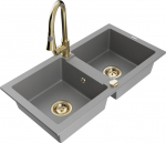 Granitinė virtuvinė plautuvė Mexen Mario su mai&scaron;ytuvu ir sifonu, Grey+Gold