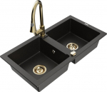Granitinė virtuvinė plautuvė Mexen Mario su mai&scaron;ytuvu ir sifonu, Metallic black/gold+Gold