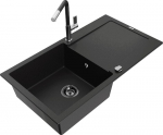 Granitinė virtuvinė plautuvė Mexen Leo su mai&scaron;ytuvu ir sifonu, Black+Black/Chrome