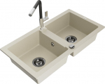 Granitinė virtuvinė plautuvė Mexen Mario su mai&scaron;ytuvu ir sifonu, Beige+Black/Chrome
