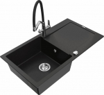 Granitinė virtuvinė plautuvė Mexen Leo su mai&scaron;ytuvu ir sifonu, Black+Black/Chrome