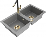 Granitinė virtuvinė plautuvė Mexen Mario su mai&scaron;ytuvu ir sifonu, Grey+Black/Gold
