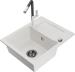 Granitinė virtuvinė plautuvė Mexen Enzo su mai&scaron;ytuvu ir sifonu, White+Black/Chrome