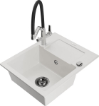 Granitinė virtuvinė plautuvė Mexen Enzo su mai&scaron;ytuvu ir sifonu, White+Black/Chrome