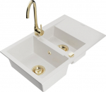 Granitinė virtuvinė plautuvė Mexen Gaspar su mai&scaron;ytuvu ir sifonu, White+Gold