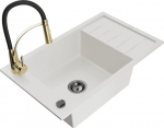 Granitinė virtuvinė plautuvė Mexen Elias su mai&scaron;ytuvu ir sifonu, White+Black/Gold