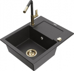 Granitinė virtuvinė plautuvė Mexen Enzo su mai&scaron;ytuvu ir sifonu, Black granite+Black granite/Gold