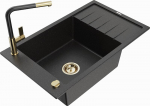 Granitinė virtuvinė plautuvė Mexen Elias su mai&scaron;ytuvu ir sifonu, Metallic black/silver+Black/Gold