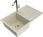 Granitinė virtuvinė plautuvė Mexen Bruno su mai&scaron;ytuvu ir sifonu, Beige+Black/Gold