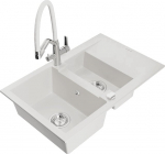 Granitinė virtuvinė plautuvė Mexen Gaspar su mai&scaron;ytuvu ir sifonu, White+White/Chrome