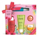 Kūno priežiūros rinkinys IDC Institute Radiant Skin Bath Set moterims: du&scaron;o želė, 120 ml + kūno losjonas, 100 ml + vonios burbulas, 50 g + kūno &scaron;veitiklis, 30 ml + kūno dulksna, 30 ml