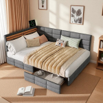 Apmu&scaron;ta Viengulė Lova 140x200 su stalčiais, LED, USB + C tipo, Moderni lova be čiužinio, Pilka