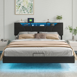 Dvigulė lova 160 x 200 cm, apmu&scaron;ta lova su LED ap&scaron;vietimu, USB jungtimi ir daiktadėže, reguliuojamo auk&scaron;čio galvūgaliu, juodu PU audiniu, čiužinys neįskaičiuotas
