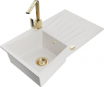 Granitinė virtuvinė plautuvė Mexen Cesar su mai&scaron;ytuvu ir sifonu, White/Gold