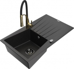 Granitinė virtuvinė plautuvė Mexen Cesar su mai&scaron;ytuvu ir sifonu, Metallic black/silver/black/gold