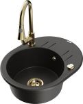 Granitinė virtuvinė plautuvė Mexen Kevin su mai&scaron;ytuvu ir sifonu, Metallic black/gold/Gold