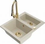 Granitinė virtuvinė plautuvė Mexen Carlos su mai&scaron;ytuvu ir sifonu, Beige+Gold