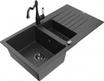 Granitinė virtuvinė plautuvė Mexen Matias su mai&scaron;ytuvu ir sifonu, Black granite/Black