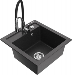 Granitinė virtuvinė plautuvė Mexen Vito su mai&scaron;ytuvu ir sifonu, Black granite/Black/Chrome